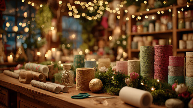 festive holiday gift wrapping station with green decorations and tools