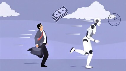 Man vs Robot Race for Money and Time Concept Animation - Powered by Adobe