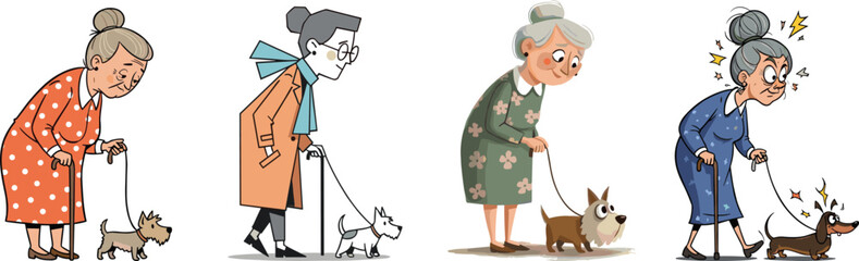 Cartoon elderly women walking dogs with canes, funny senior characters, cute pets, active lifestyle, humor illustration, companionship, health, outdoor activity