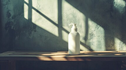 White bottle with pump on shelf against wall with sunlight shadows.