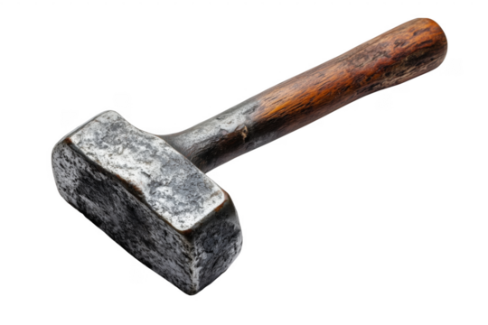 Close up of a rustic sledge hammer with wooden handle against a transparent background