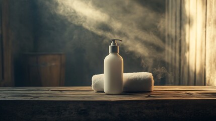 White bottle and towels on a wooden surface with light streaming through.