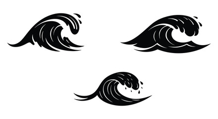 Black and white illustration showing three stylized ocean wave designs