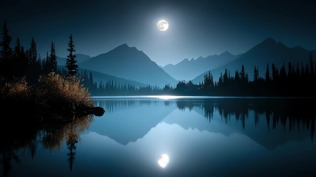 The Tranquil Moonlit Lake and Mountain Scenery is Picturesque