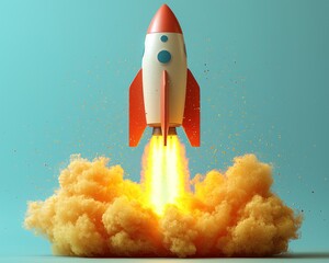 Cartoon rocket launching into a pastel sky