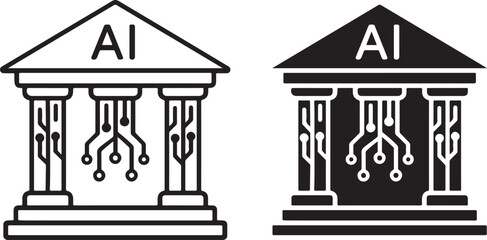 AI-Powered Digital Bank Icon with Circuit Pillars