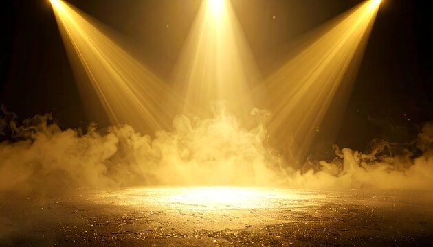 Golden spotlights shine down upon a smoky stage, illuminating a textured surface with soft, diffused light