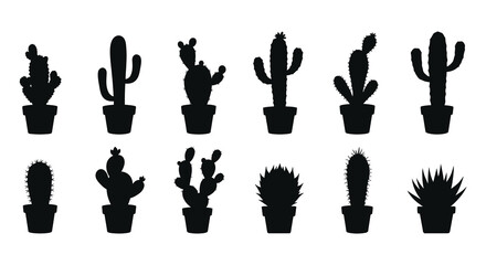 Fototapeta premium Collection of various black silhouette cacti in decorative potted containers