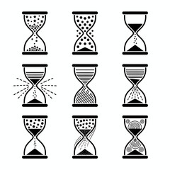 Vector art of collection of hourglass icons, each with unique sand patterns, representing time, deadline, and the passage of time
