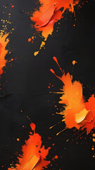 Vibrant orange paint splatters and splashes creating an abstract energetic explosion of color on a dark textured background