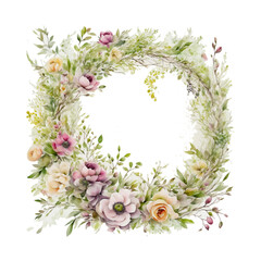 Elegant circular watercolor floral wreath with peonies and wildflowers, hand-painted botanical circle frame with colorful blooming flowers and leaves, vintage garden bouquet illustration