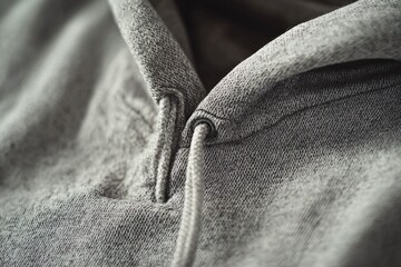 Close-up of a gray hooded sweatshirt with a drawstring detail.