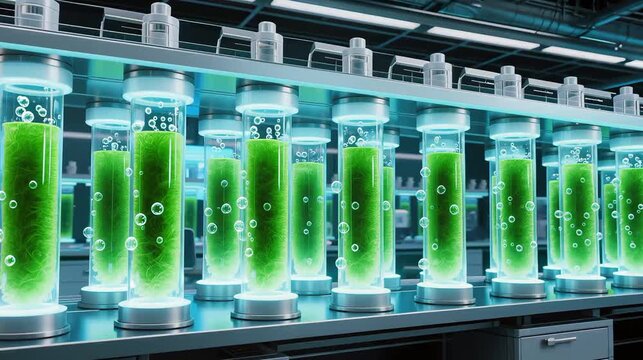 Biotechnology laboratory with glowing green microalgae photobioreactor tubes arranged in rows. Concept for biofuel, renewable energy, biotechnology research, and sustainable science.