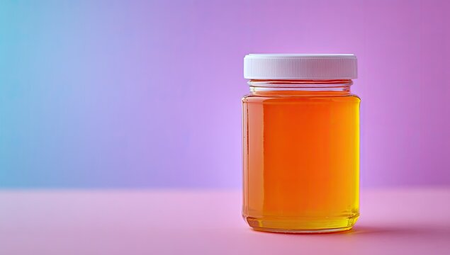 Clear glass jar of amber liquid on a pink surface