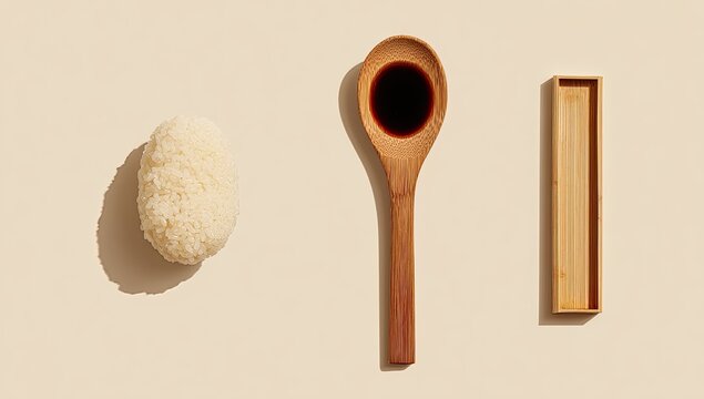 Wooden spoon with soy sauce, rice ball, and wooden box