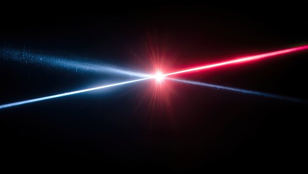 Two vibrant laser beams intersecting in a dramatic explosion of light, blue and red
