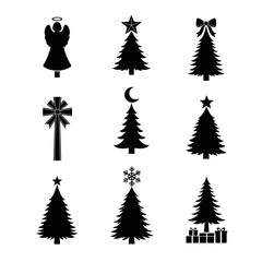 Obraz premium Vector art of collection of various christmas tree icons, featuring angel, star, moon, snowflake, cross, bow, and gift decorations