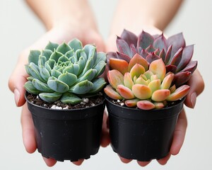 Two hands holding small succulent plants in black pots
