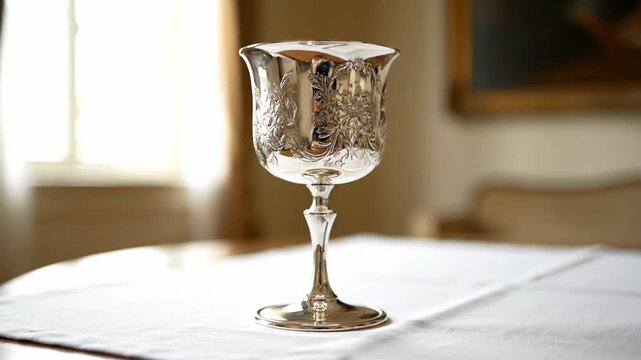Gleaming vintage silver kiddush cup adorned with intricate floral patterns spinning on a table draped in a pristine white cloth. A sophisticated and ceremonial piece
