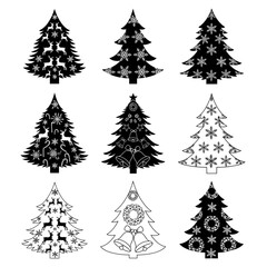 Vector art of set of nine different christmas tree designs in black and white for holiday season and festive decoration