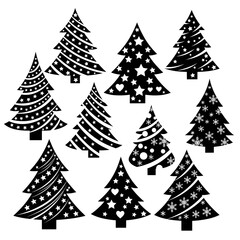 Vector art of silhouette collection of christmas trees, showcasing various styles and decorations for festive holiday designs