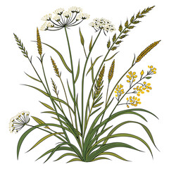 Vector illustration of wild grass with wheat stalks and delicate flowers. Perfect for botanical, natural, agriculture, rural, herbal, and eco-friendly design projects.