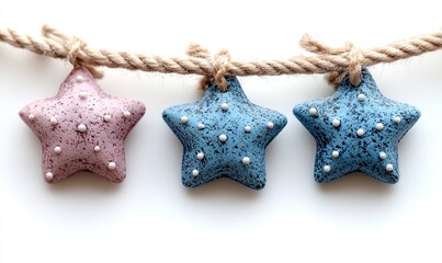 Three small, star-shaped ornaments, pastel colors, hanging on a light beige string against a white background.  Hand-painted details