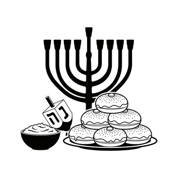 black hanukkah menorah, donuts, dreidel clip art preview