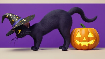 A charming black cat in a witch's hat poses next to a smiling jack pumpkin on a purple background. Cheerful Halloween is an attribute