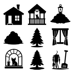 Naklejka premium Vector art of collection of vector icons depicting winter and autumn themes, including houses, trees, and garden elements