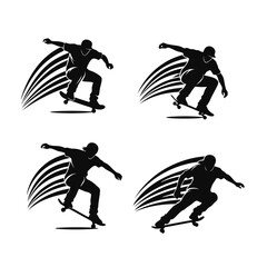 Vector art of set of skateboarder silhouettes, capturing various tricks and poses in action, with dynamic motion lines