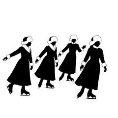 Vector art of a group of four silhouettes of ice skaters in long coats and hats, , skating in a line on the ice rink