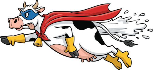 Funny superhero cow cartoon, flying animal mascot, comic farm character, cow with cape, hero illustration, creative design for children’s art