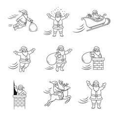 Vector art of set of christmas santa claus outline icons collection of santa claus in different poses and activities
