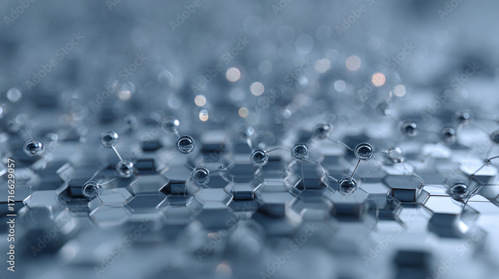 Poster abstract metallic spheres connected by thin lines on a hexagonal surface background