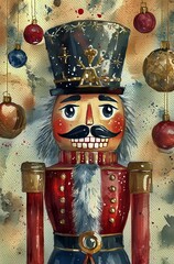 Colorful Nutcracker Decoration Stands out Against a Festive Background of Ornaments and Abstract Designs