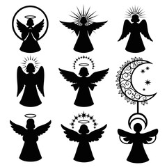 Vector art of collection of nine angel silhouettes in black and white, perfect for religious themes and spiritual designs