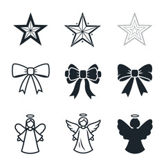 Vector art of collection of nine christmas themed icons, including star, bow, and angel for holiday season decoration