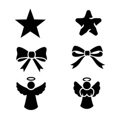 Vector art of christmas icons featuring star, bow and angel in black silhouette for festive design and decoration