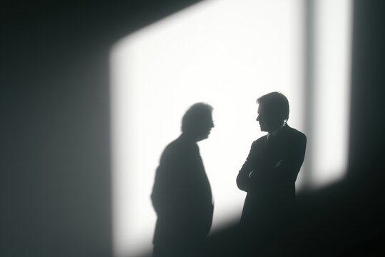 Two colleagues engage in a deep conversation their shadows creating a compelling visual narrative of collaboration.