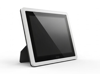 Angled view of a modern white tablet computer with a blank reflective screen and stand.