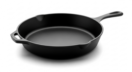 Black Cast Iron Skillet with Handle Textured Surface Isolated.
