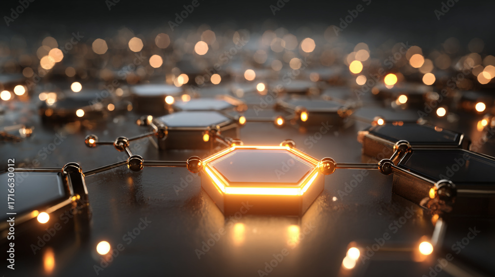 Poster illuminated hexagonal network glowing golden connections abstract background