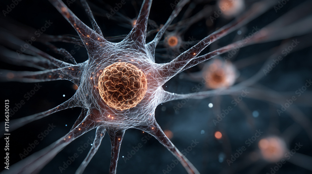 Poster microscopic view of a neuron cell with its complex network of axons and dendrites glowing softly aga