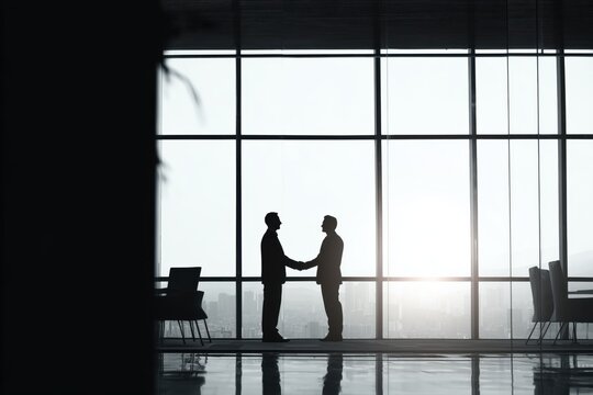 Two professionals engage in a handshake symbolizing partnership and business growth in a bright office setting.