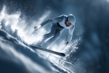 Ski jumper soaring through the winter landscape in dynamic action shot
