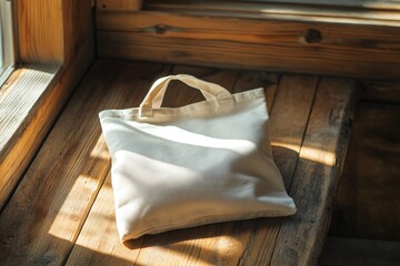 White tote bag sits on wooden surface near window in natural light.