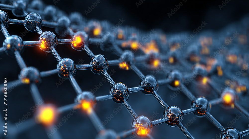 Poster microscopic network glowing nodes intricate structure science technology atoms molecules