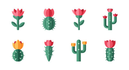 Collection of Stylized Cactus and Flower Icons with Pink and Yellow Blooms.