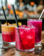Colorful Cocktails Served in Glasses on a Wooden Table at a Lively Bar During the Evening